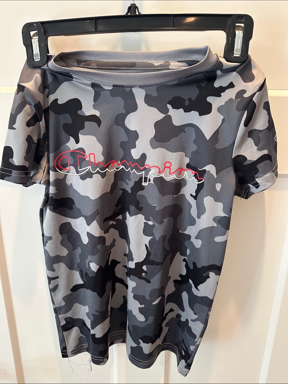 Champion Gray & Black Camo Tee with Pink Script Logo